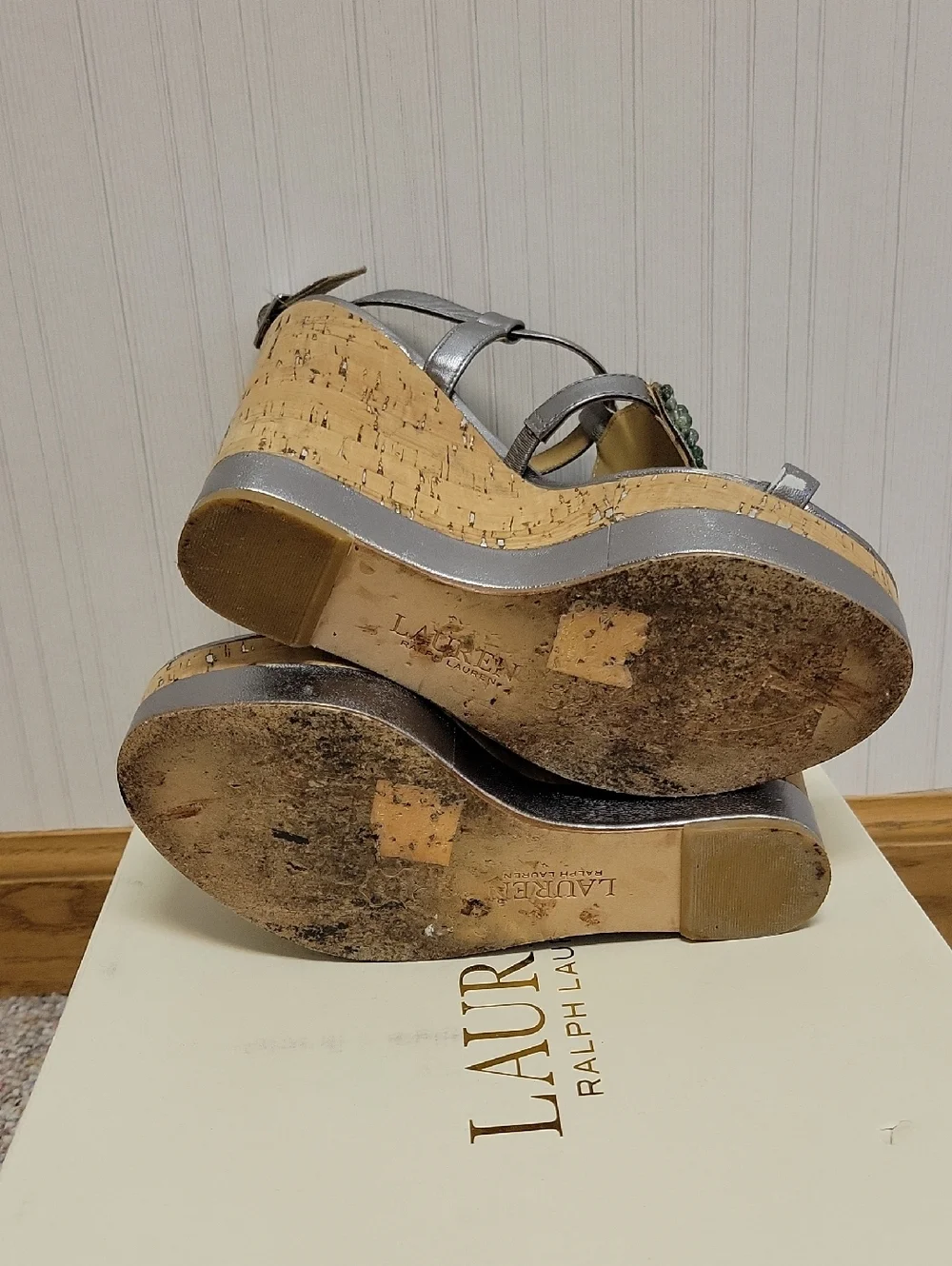 Lauren Ralph Lauren Embellished Silver Cork Wedge Mattie Sandals 6.5 Festival